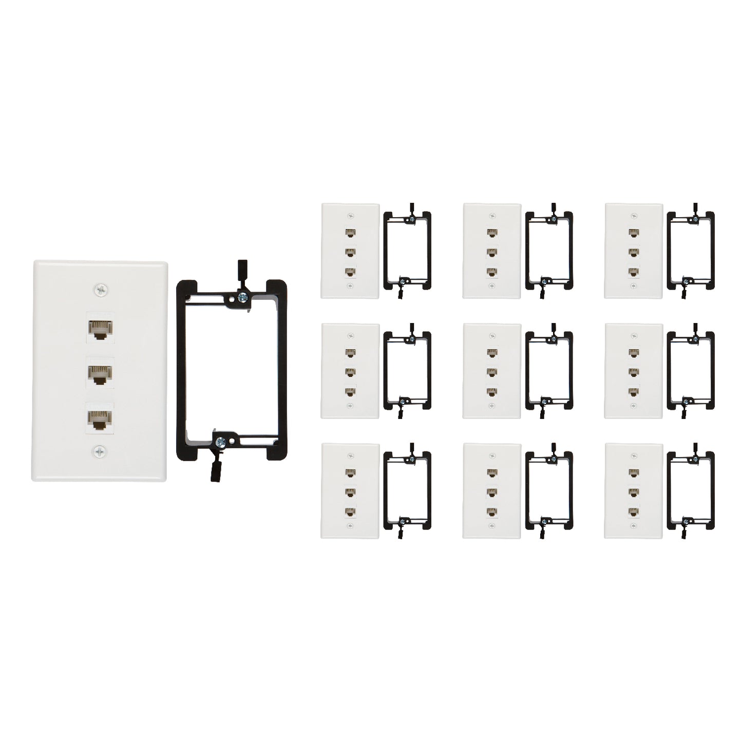 3 Port Cat6 Wall Plate, Female-Female White with Single Gang Low Voltage Mounting Bracket Device (3 Port) - Milena International Inc