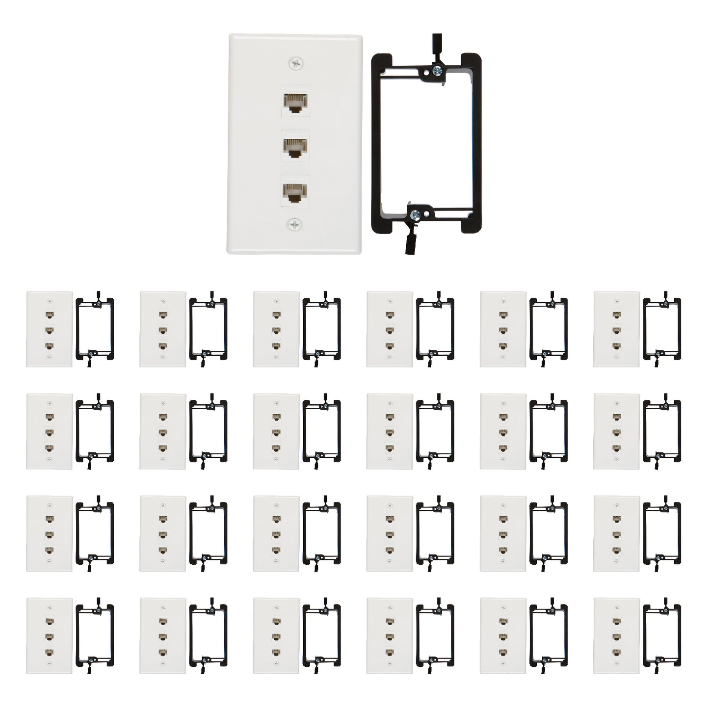 3 Port Cat6 Wall Plate, Female-Female White with Single Gang Low Voltage Mounting Bracket Device (3 Port) - Milena International Inc