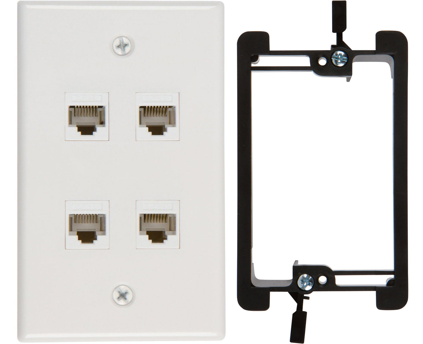 4 Port Cat6 Wall Plate, Female-Female White with Single Gang Low Voltage Mounting Bracket Device (4 Port) - Milena International Inc
