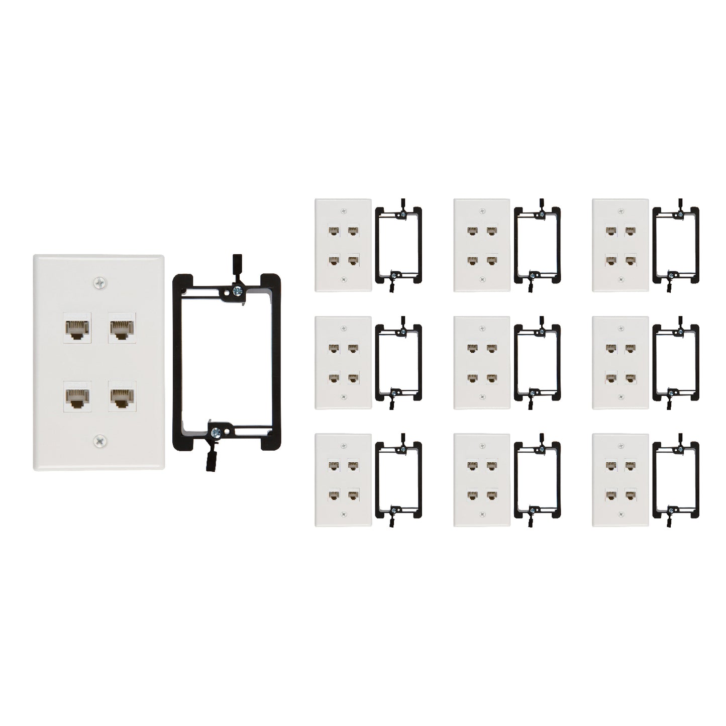 4 Port Cat6 Wall Plate, Female-Female White with Single Gang Low Voltage Mounting Bracket Device (4 Port) - Milena International Inc