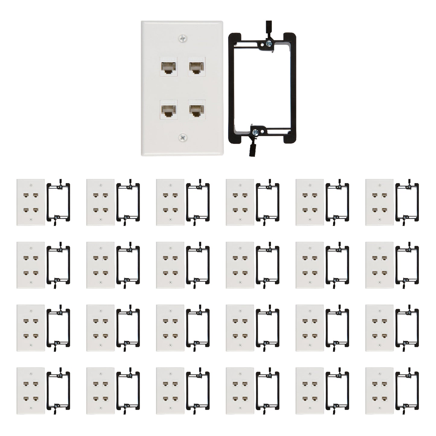 4 Port Cat6 Wall Plate, Female-Female White with Single Gang Low Voltage Mounting Bracket Device (4 Port) - Milena International Inc
