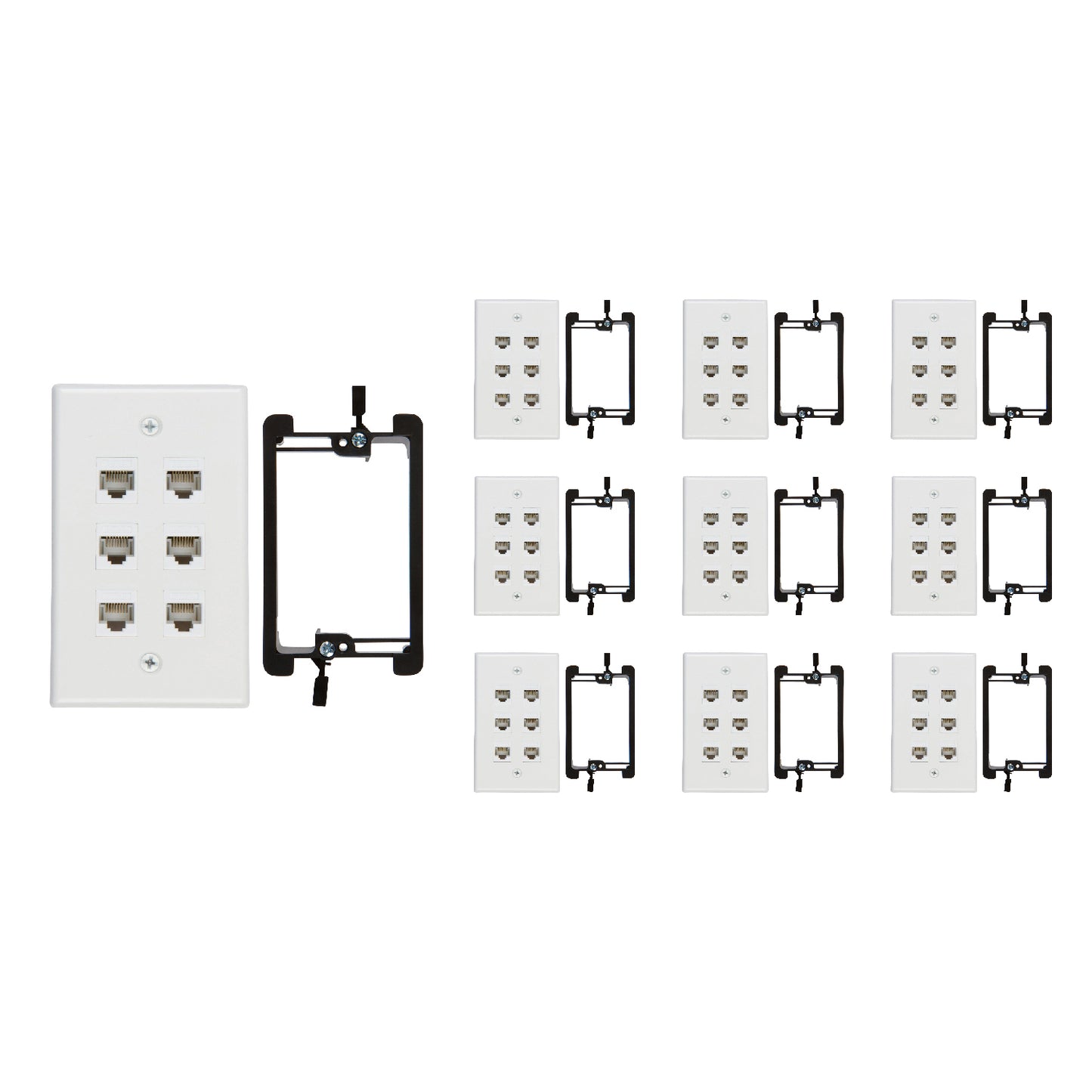 6 Port Cat6 Wall Plate, Female-Female White with Single Gang Low Voltage Mounting Bracket Device (6 Port) - Milena International Inc
