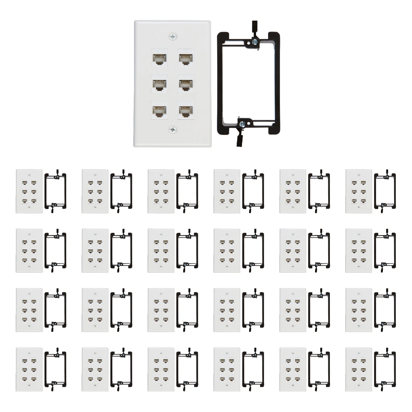 6 Port Cat6 Wall Plate, Female-Female White with Single Gang Low Voltage Mounting Bracket Device (6 Port) - Milena International Inc