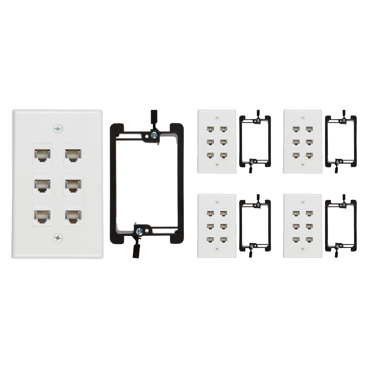 6 Port Cat6 Wall Plate, Female-Female White with Single Gang Low Voltage Mounting Bracket Device (6 Port) - Milena International Inc