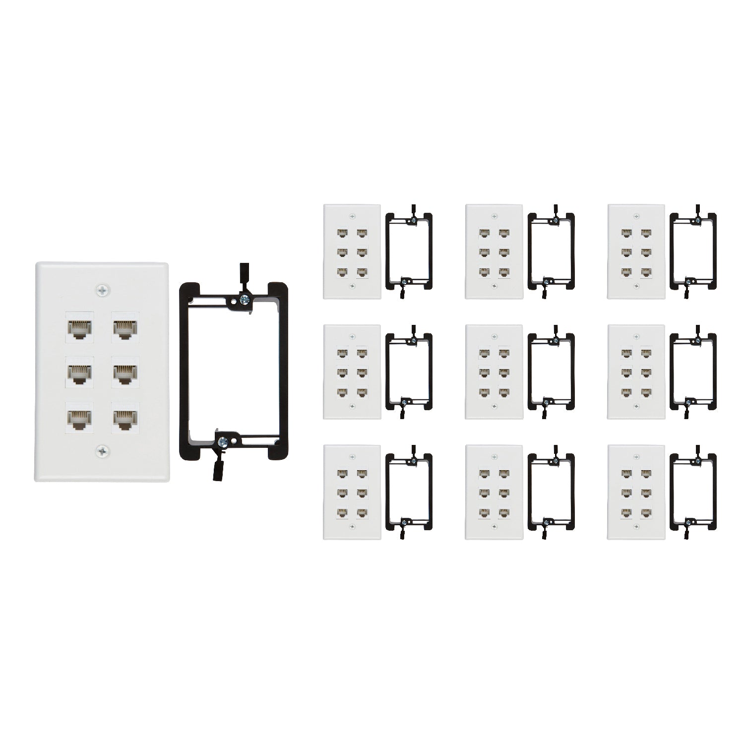6 Port Cat6 Wall Plate, Female-Female White with Single Gang Low Voltage Mounting Bracket Device (6 Port) - Milena International Inc