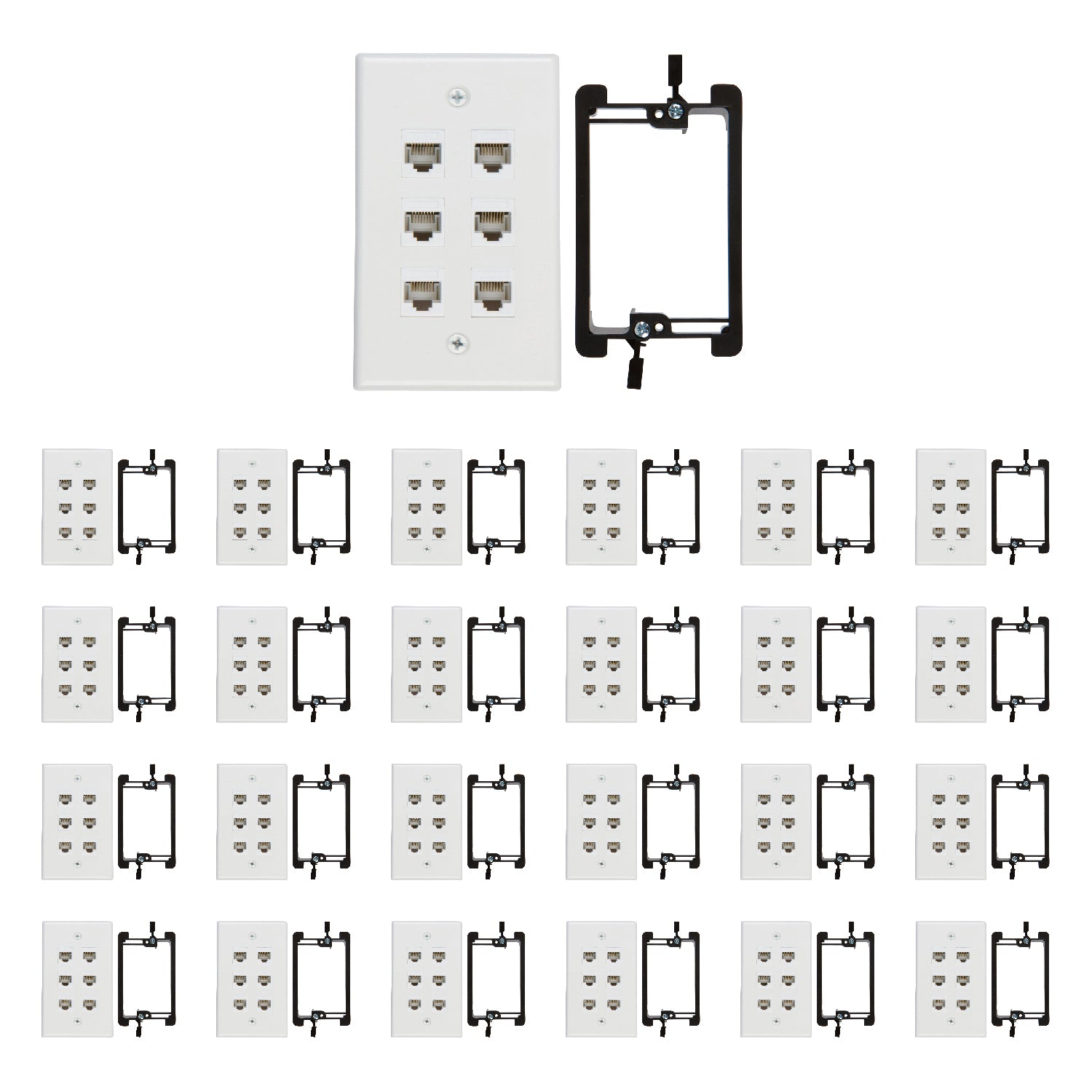 6 Port Cat6 Wall Plate, Female-Female White with Single Gang Low Voltage Mounting Bracket Device (6 Port) - Milena International Inc
