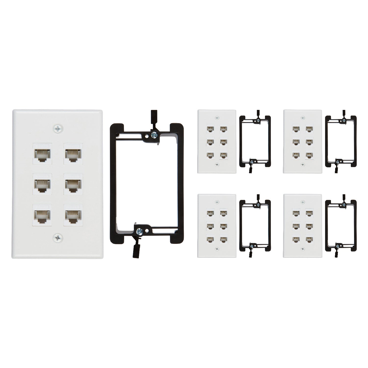 6 Port Cat6 Wall Plate, Female-Female White with Single Gang Low Voltage Mounting Bracket Device (6 Port) - Milena International Inc