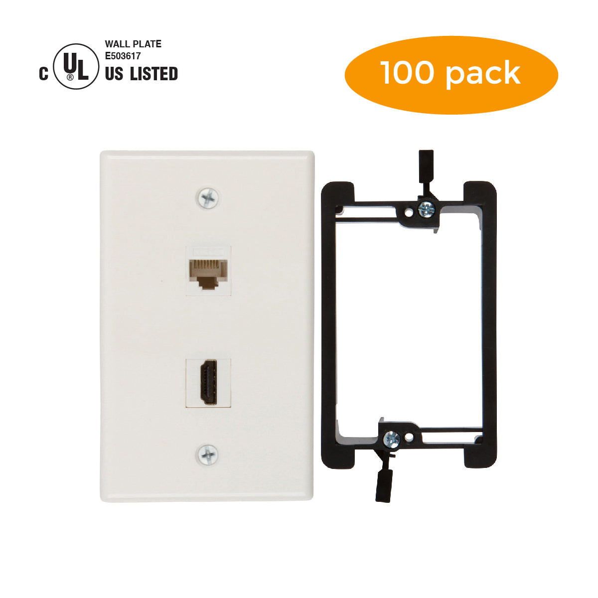 HDMI and Cat6 Ethernet RJ45 Wall Plate [UL Listed], with Single Gang Low Voltage Mounting Bracket Device (White Kit) - Milena International Inc
